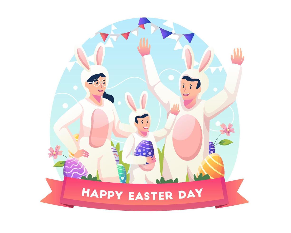 The family wearing costumes dressed up as bunnies to celebrate Easter day. Flat style vector illustration