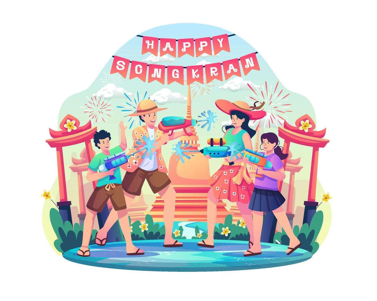 familia divirtiéndose jugando pistola de agua para celebrar el tradicional día de año nuevo de tailandia. feliz día del festival songkran. ilustración vectorial de estilo plano vector