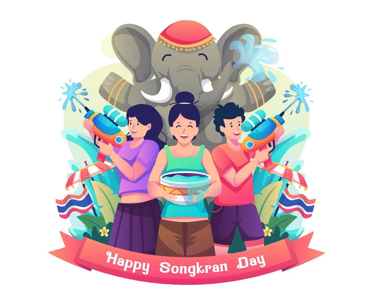 Young people celebrate Songkran Festival by playing water with the mascot elephant. Thailand Traditional New Year's Day. Flat style vector illustration