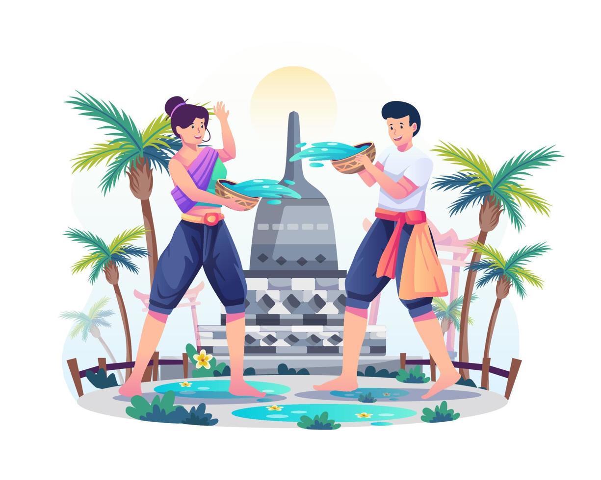 pareja feliz salpicando agua unos a otros desde dentro de un tazón. la gente celebra el concepto del festival songkran. Tailandia tradicional día de año nuevo. ilustración vectorial de estilo plano vector