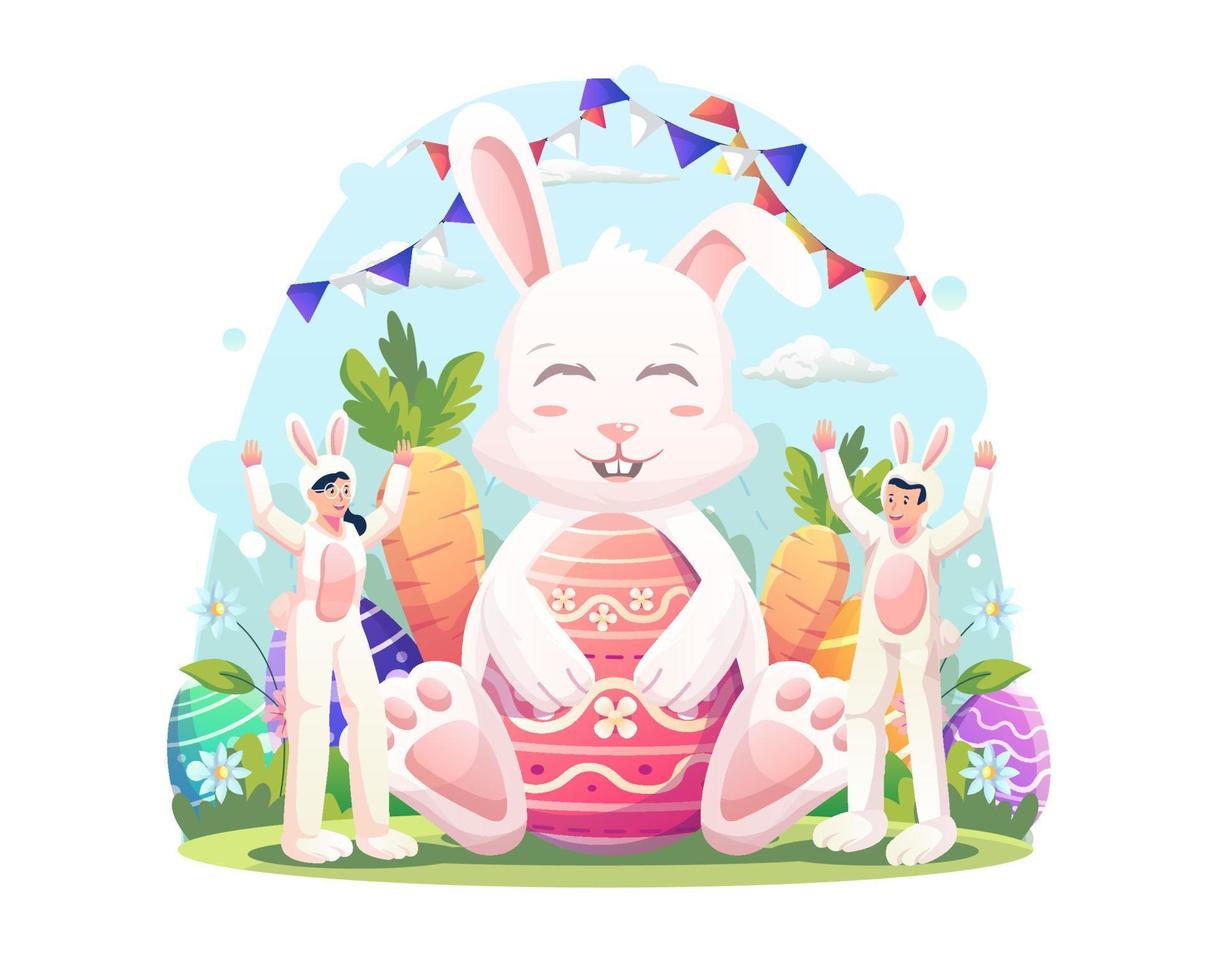 A couple dresses up like bunnies on easter day with a big bunny holding a decorated easter egg. Flat style vector illustration