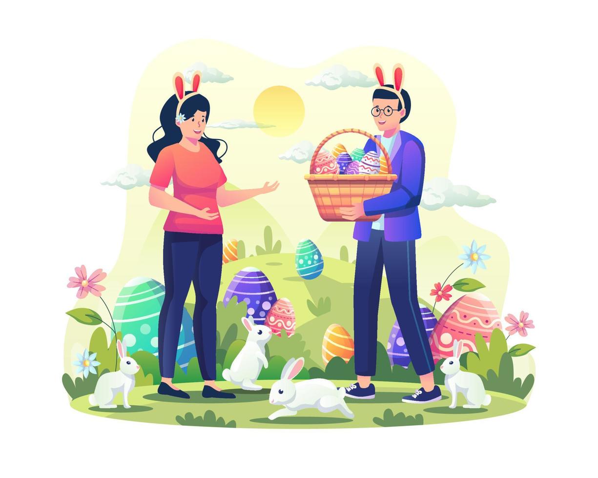 Man giving a basket full of decorated easter eggs to woman in the garden with rabbits. A couple celebrates easter day. Flat style vector illustration