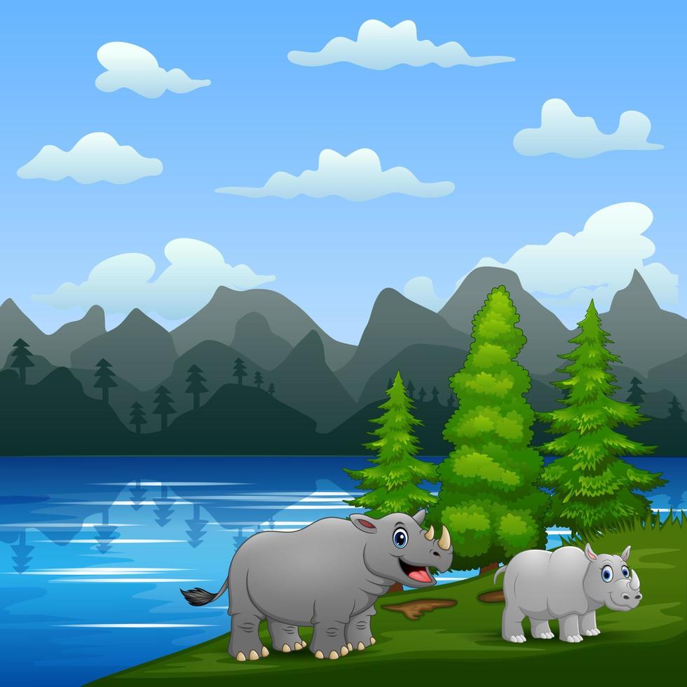 un gran rinoceronte con su cachorro jugando junto al río vector