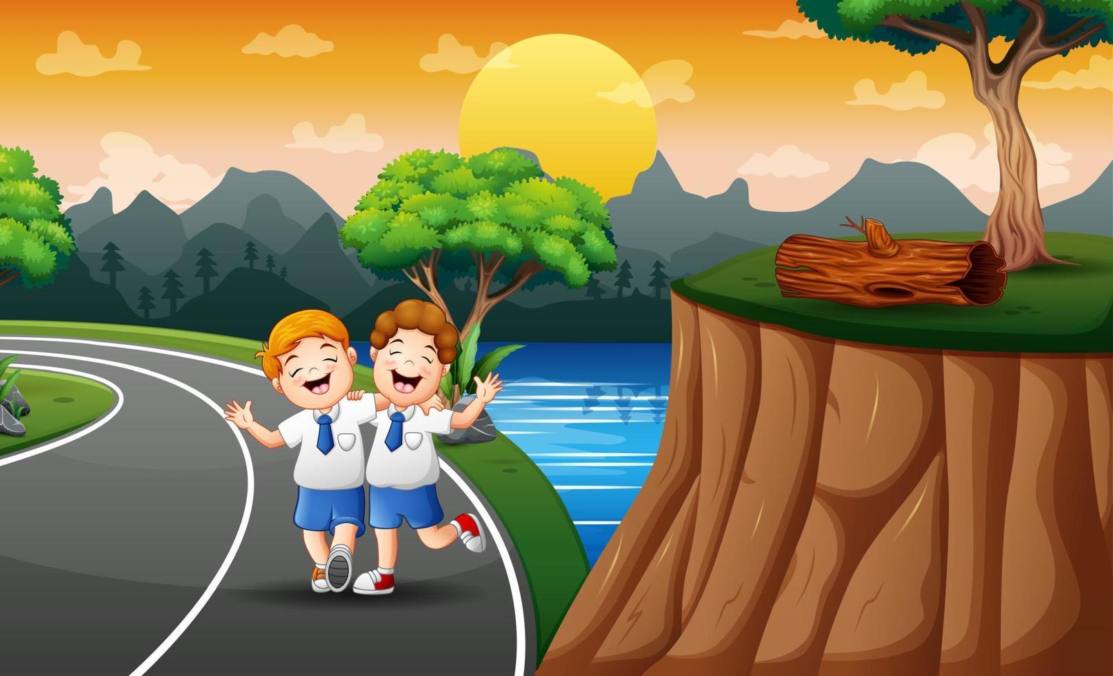 Funny two boys walking to school vector