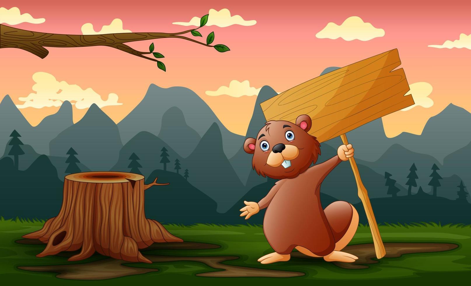 A beaver holding wooden sign in the field vector