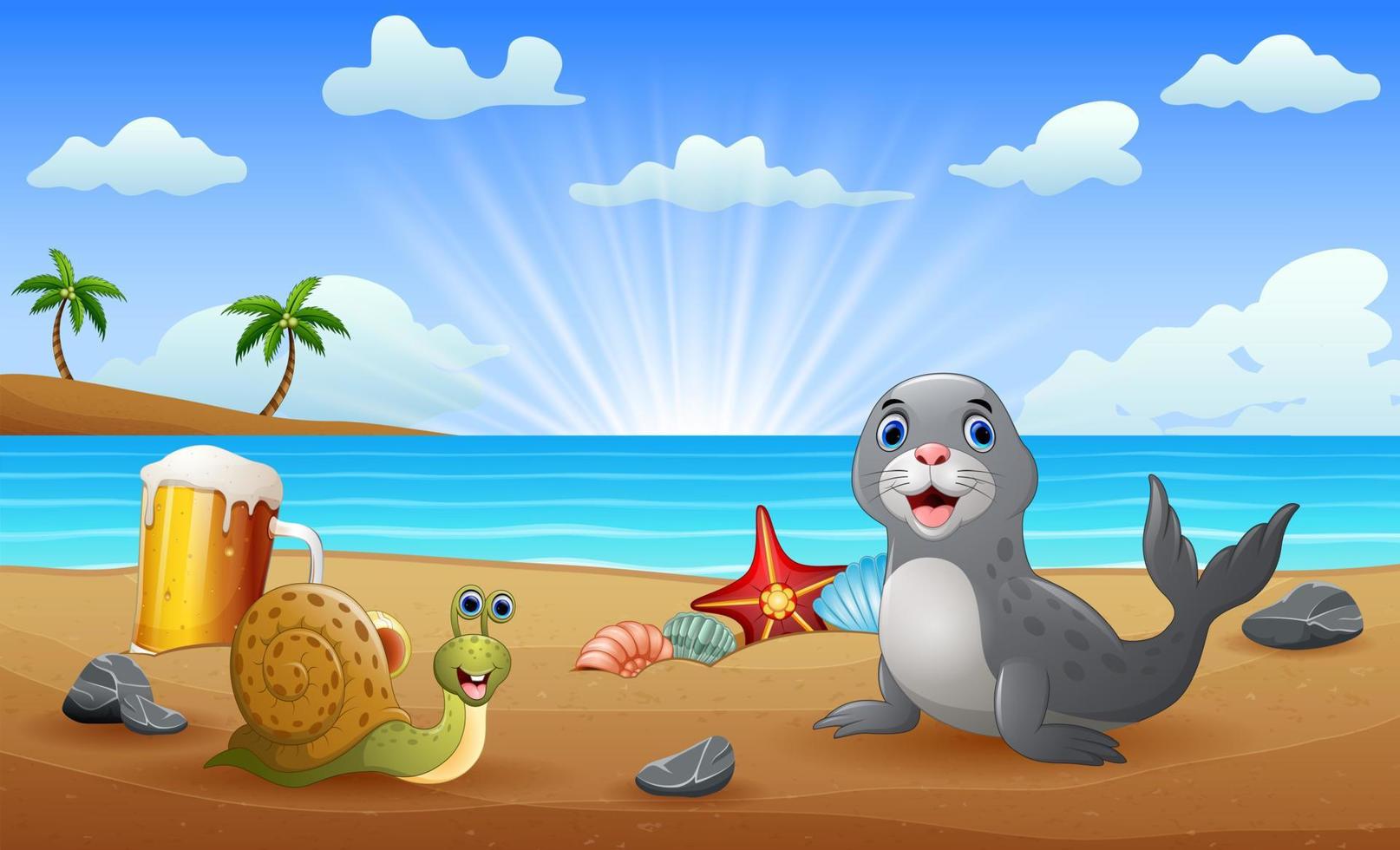 Cartoon a seal and snail on the beach vector