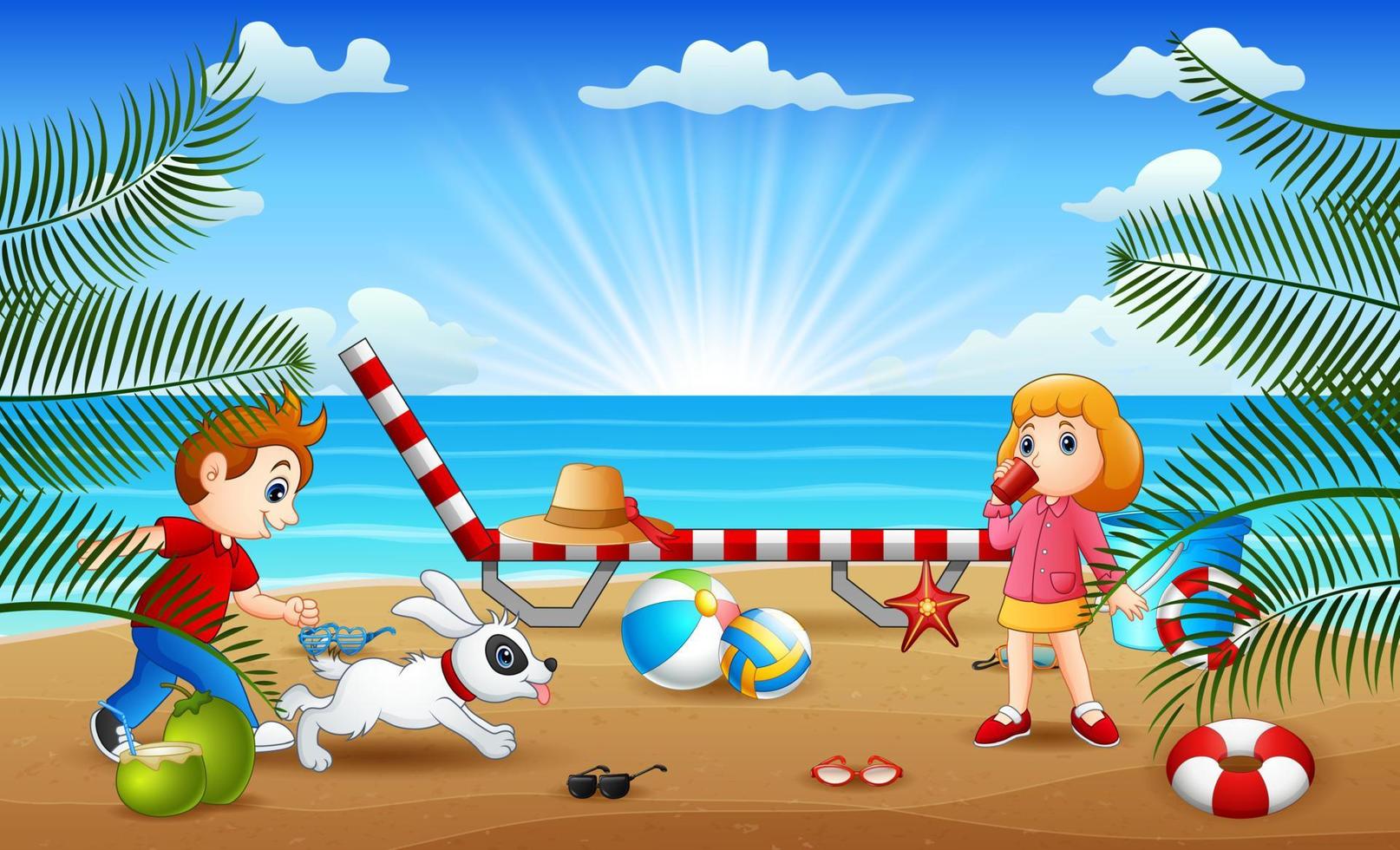 Happy vacation with kids playing at the beach vector