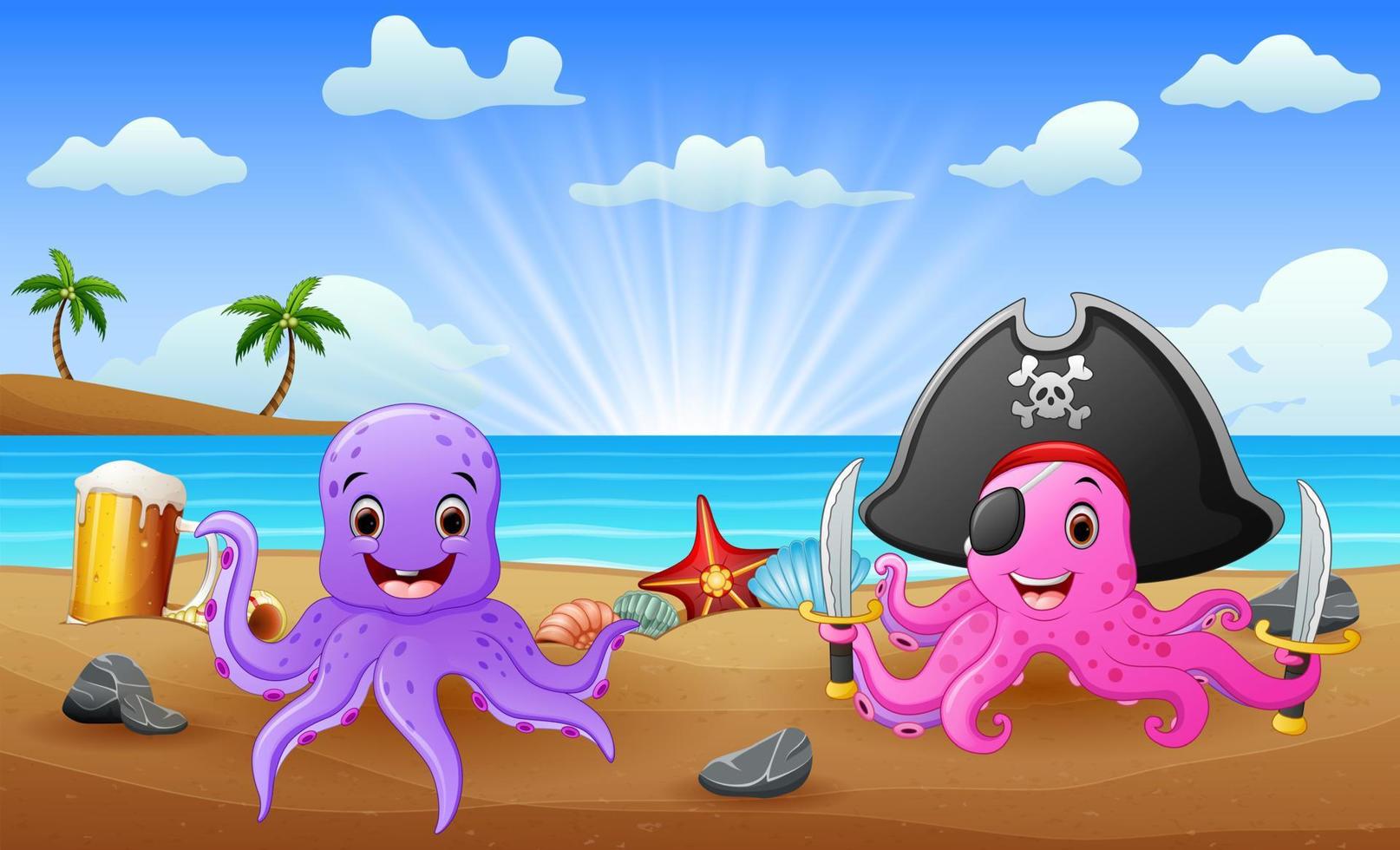 Cartoon of pirate octopus on the beach vector