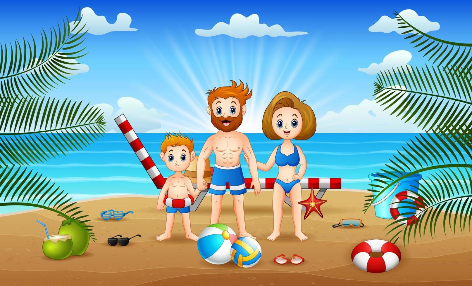vacaciones de verano con familia feliz jugando en la playa vector