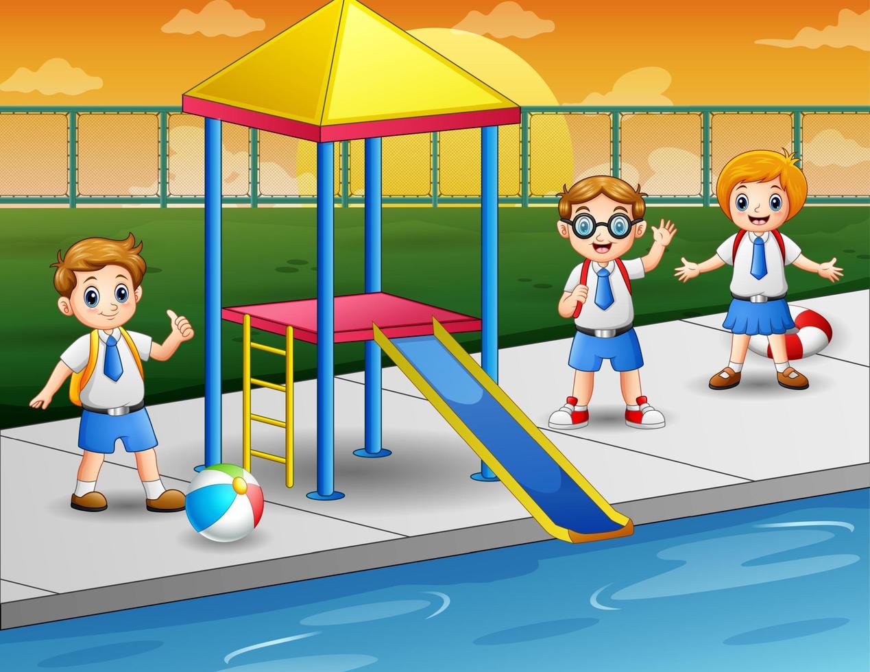 Happy kids in a swimming pool vector