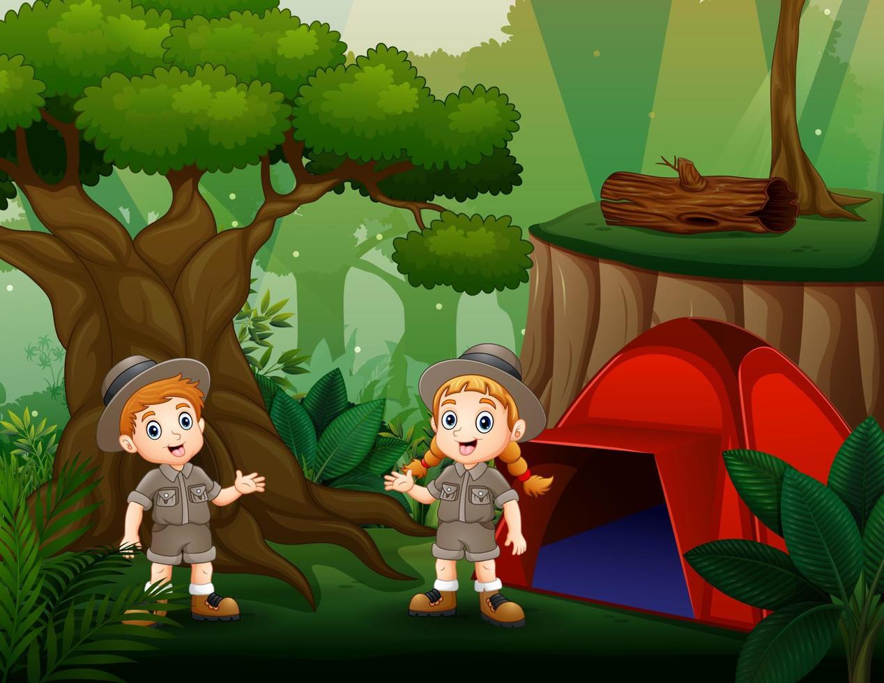 Camping outdoor with two scout kids vector