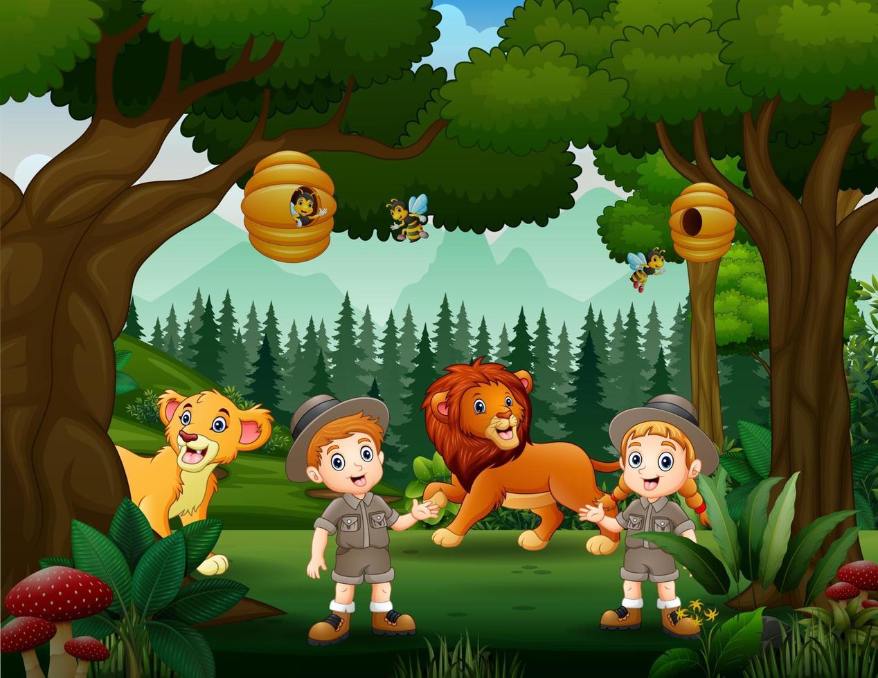 Safari boy and girl in the forest with lions vector