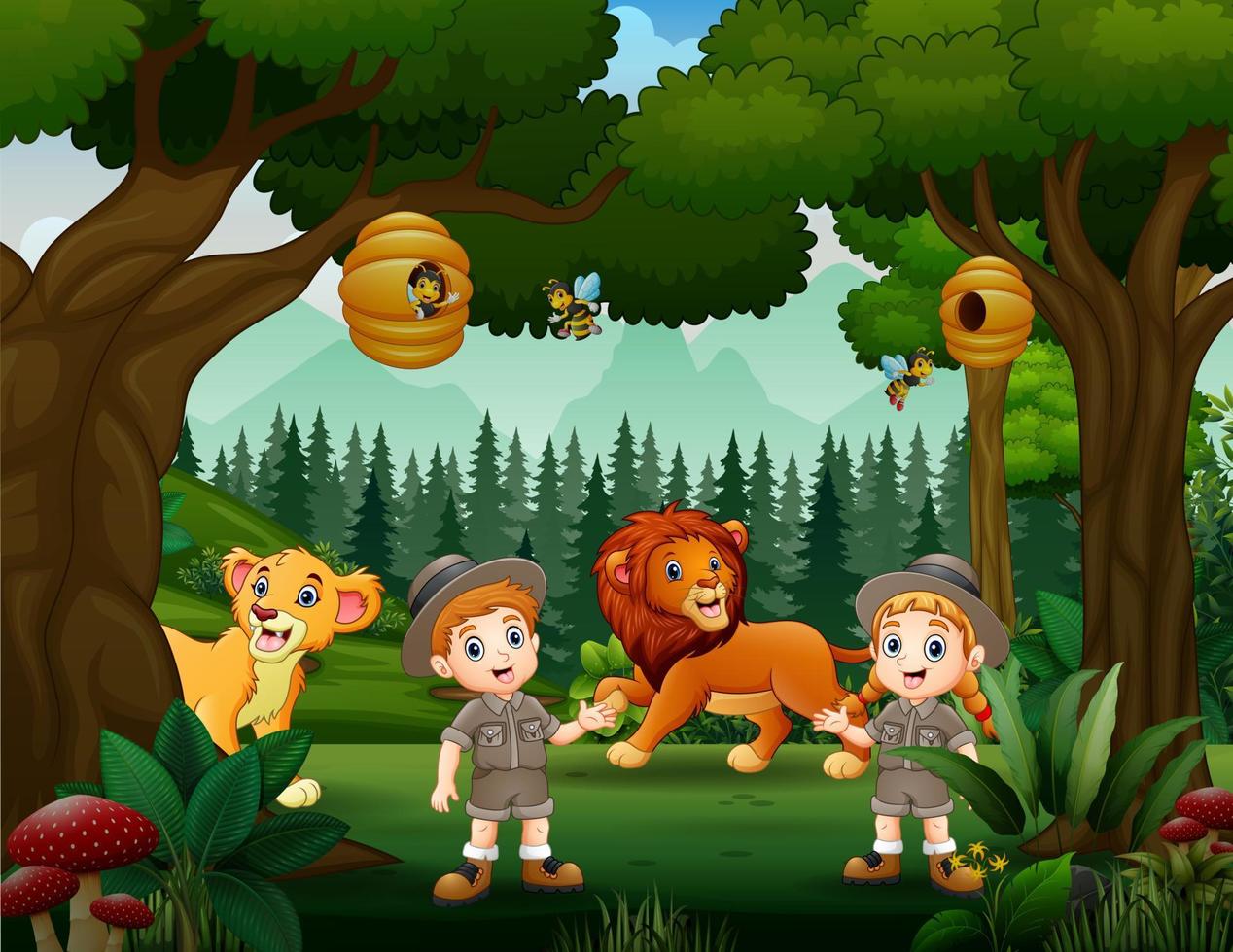 chico y chica de safari en el bosque con leones vector