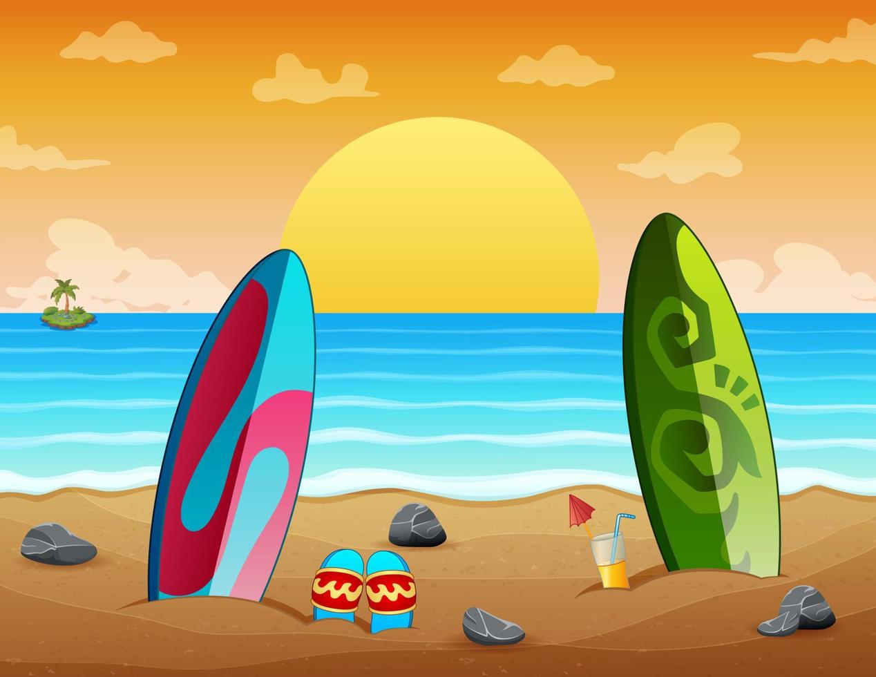 escena de la playa al atardecer de vacaciones de verano con tablas de surf en la arena vector