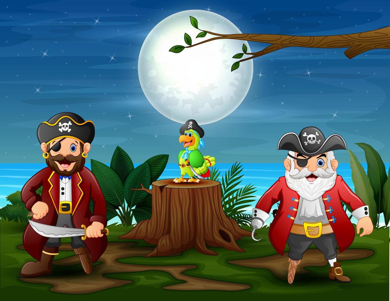 Two man pirates with a parrot in the jungle vector
