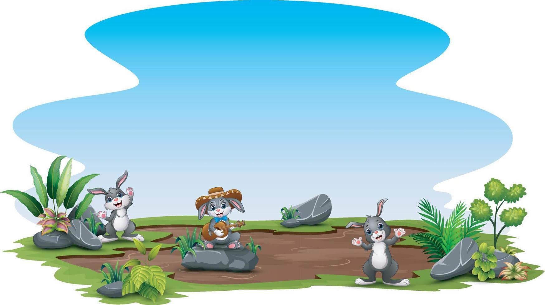 Happy bunnies having fun at nature vector