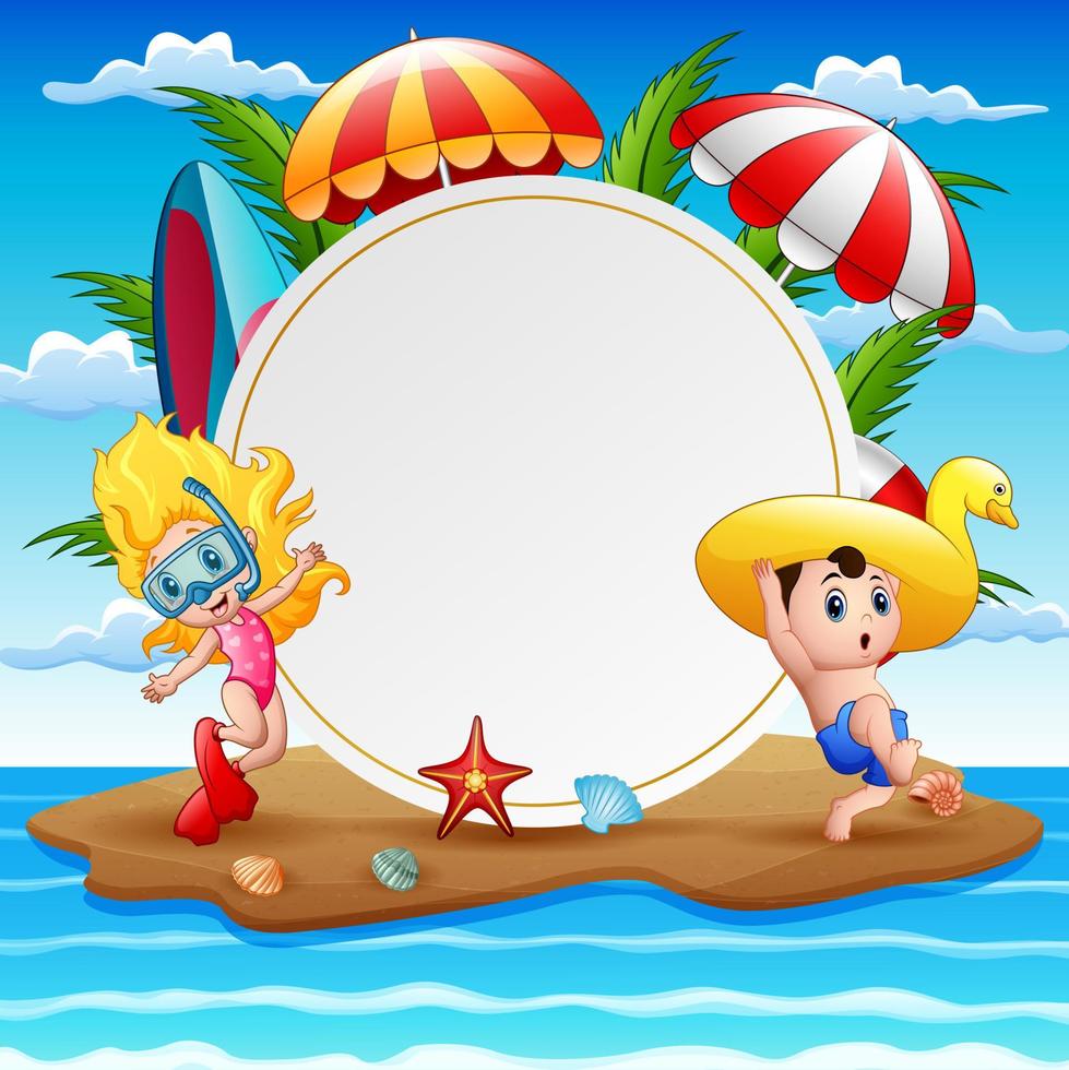 Beach island with kids and blank sign vector