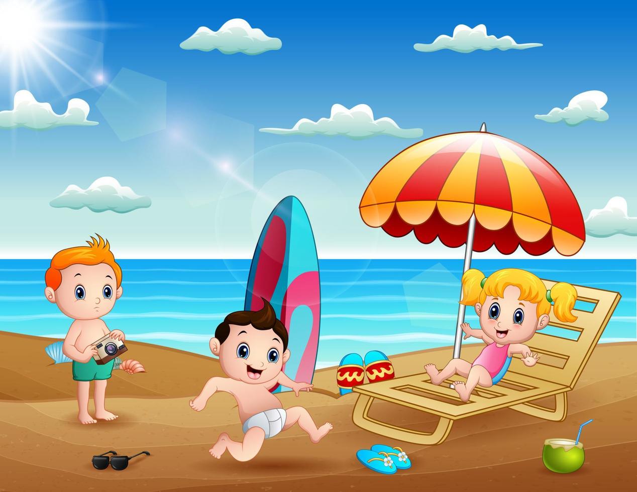 vacaciones de verano con niños en la playa tropical vector