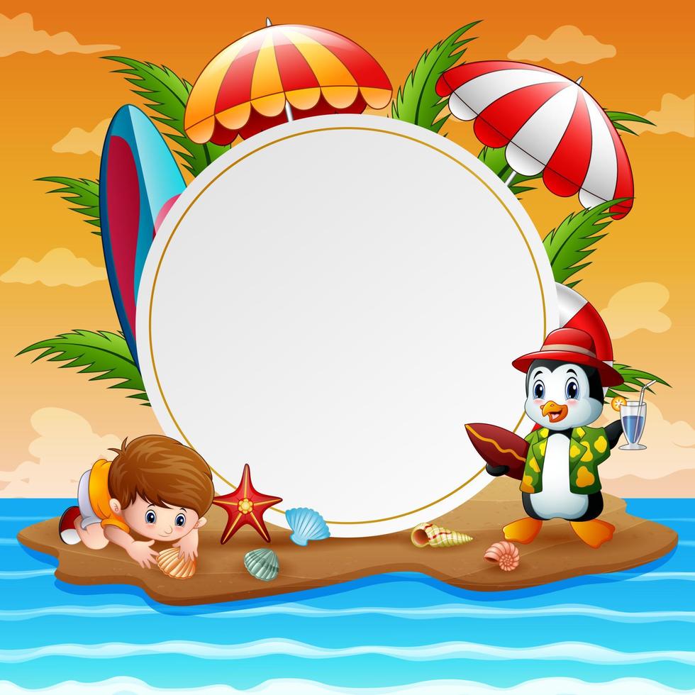 Summer holidays with boy and penguin on island vector