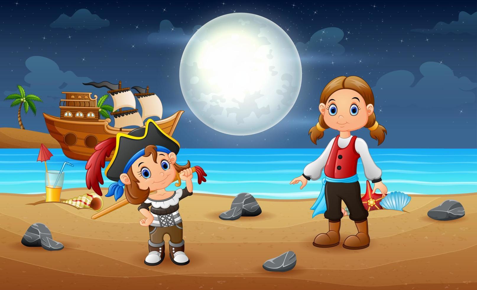 Two pirate girls in the beach at night vector