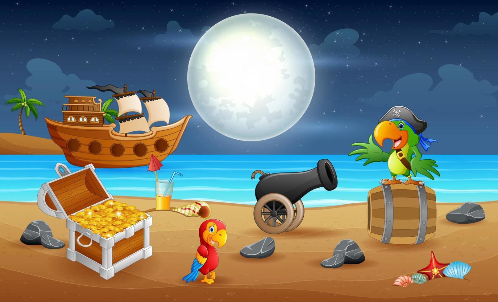 Seascape night with pirate parrot on the beach vector