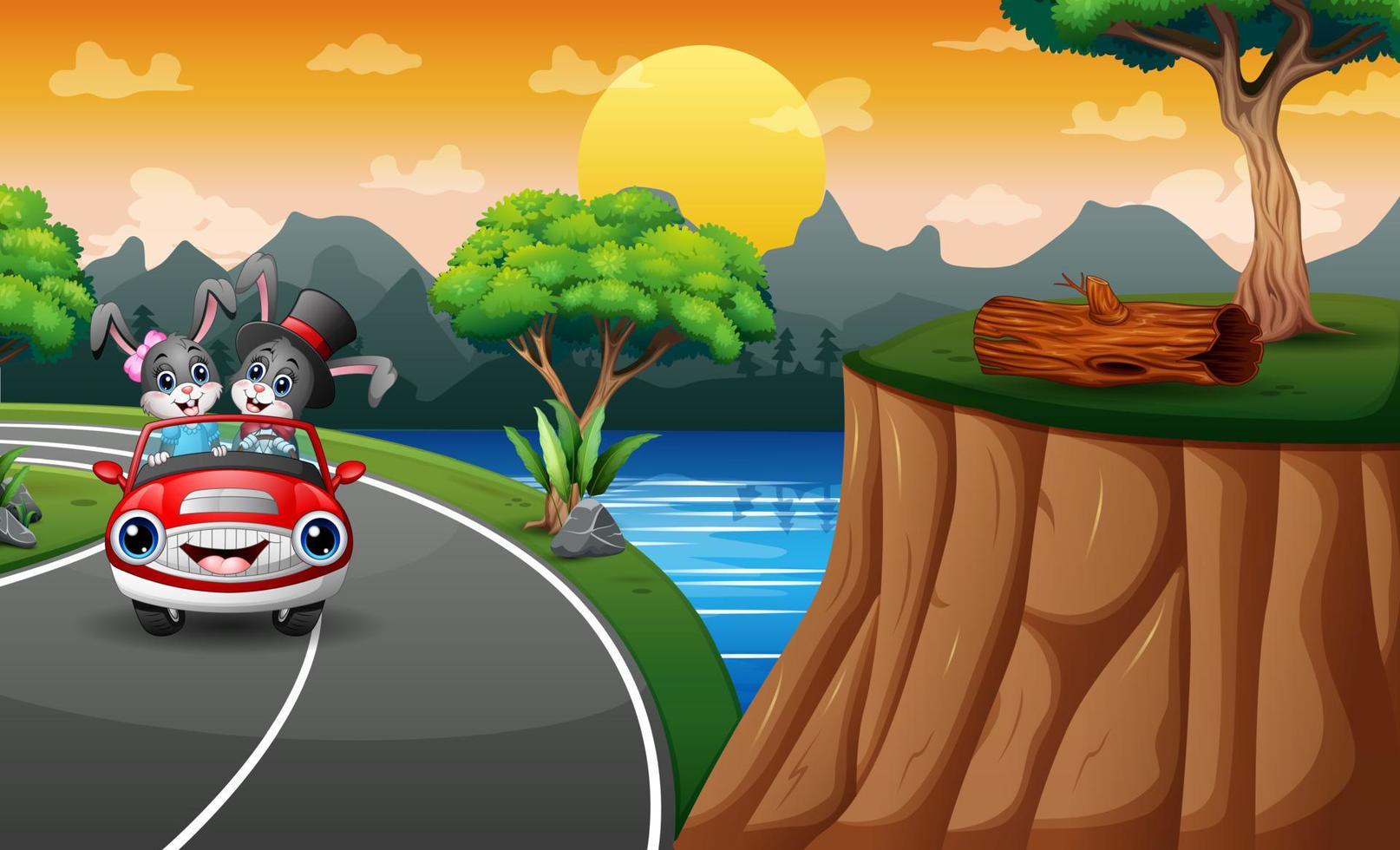 conejitos de dibujos animados montando un coche a lo largo de la carretera vector