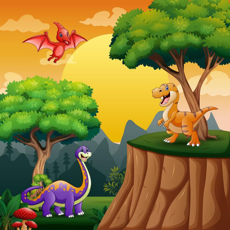 Dinosaurs cartoon in the jungle vector