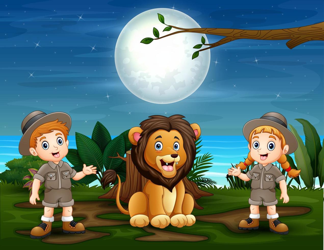 The safari kids with lion at nature vector