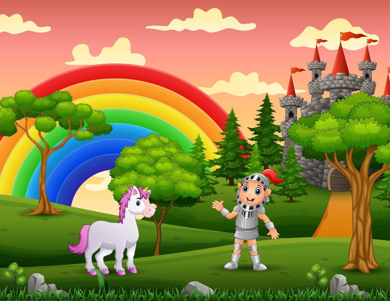 A knight with unicorn in castle yard vector