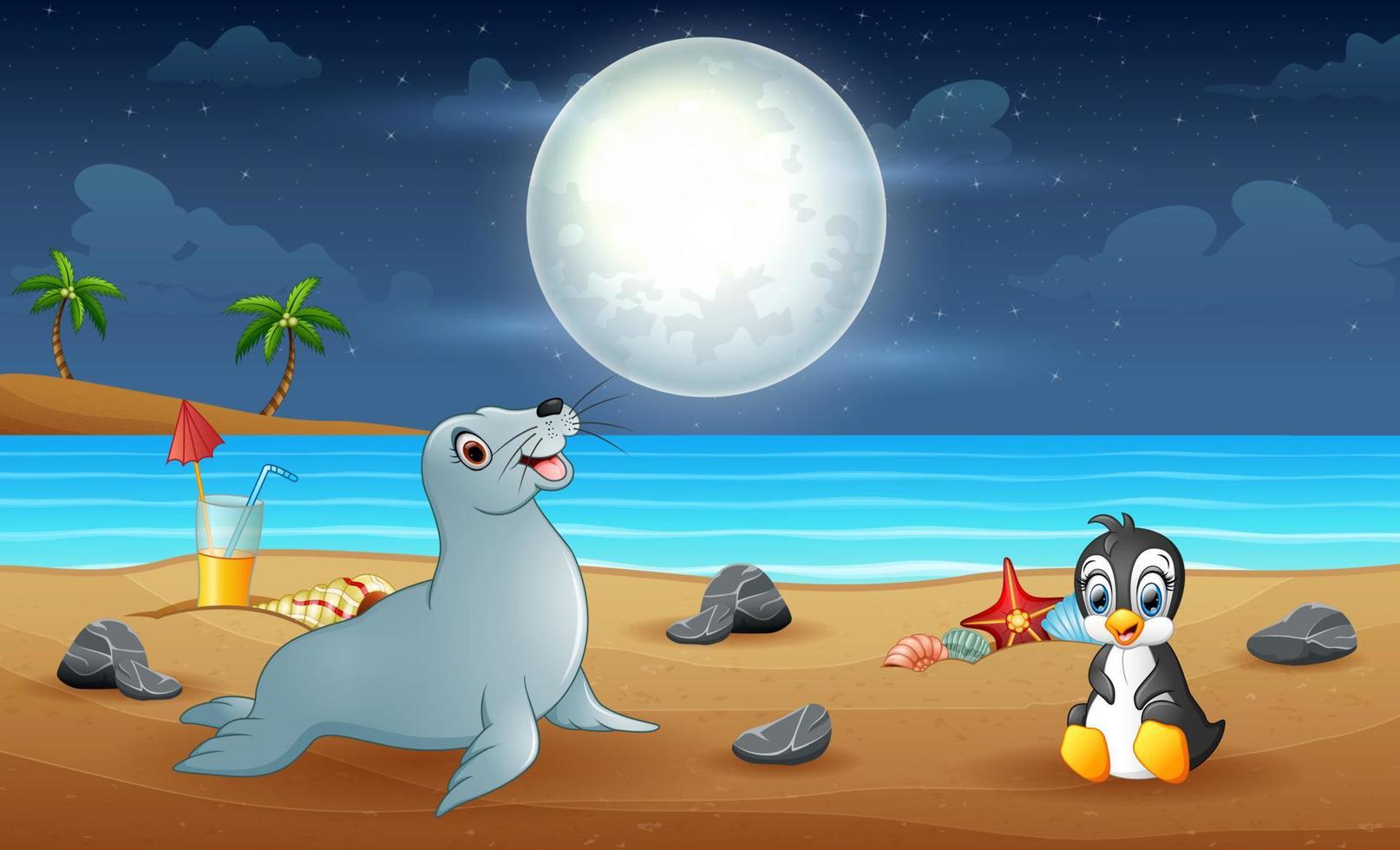 Illustration of A seal and penguin enjoy the beach vector