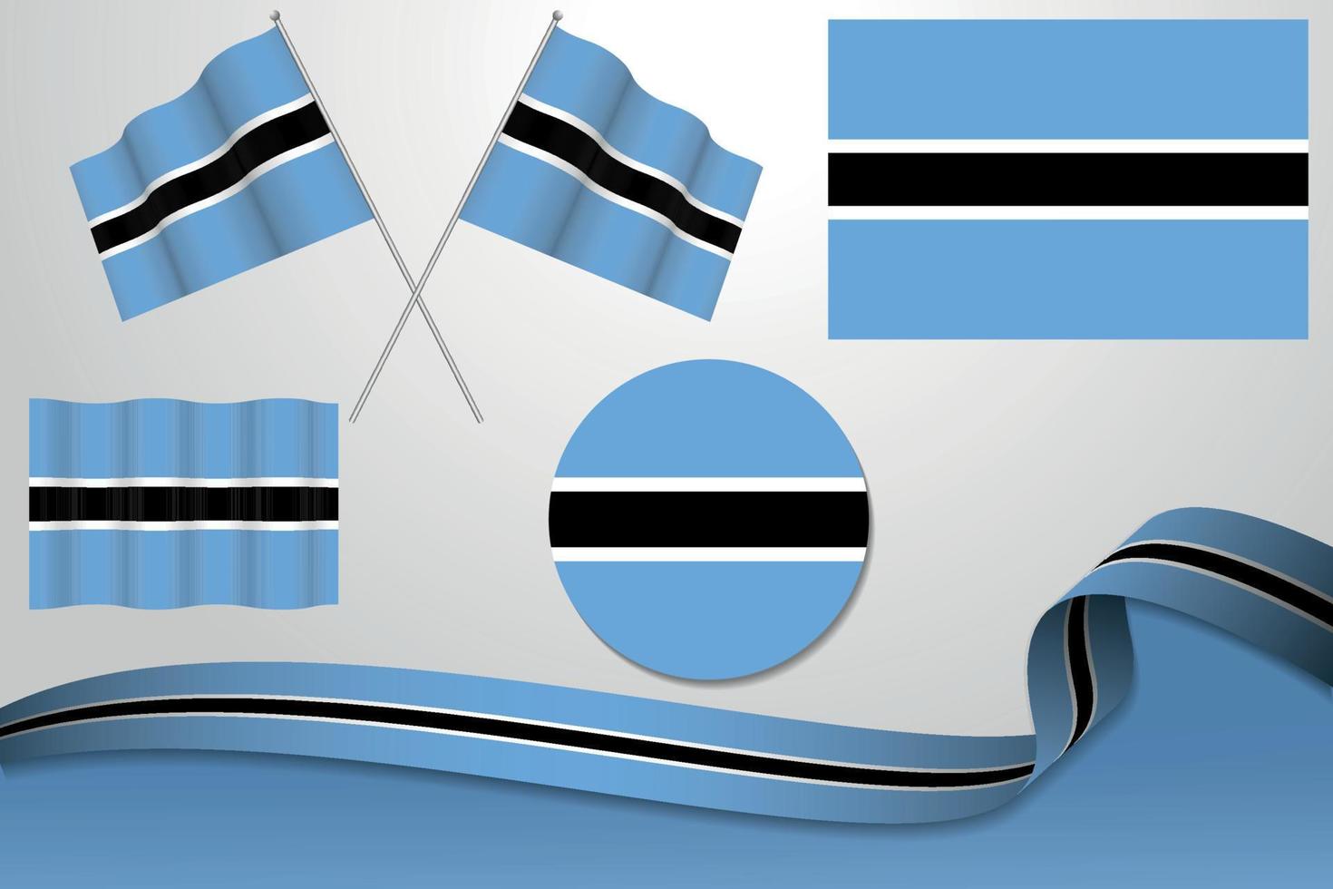 Set Of Botswana Flags In Different Designs, Icon, Flaying Flags With ribbon With Background. Free Vector