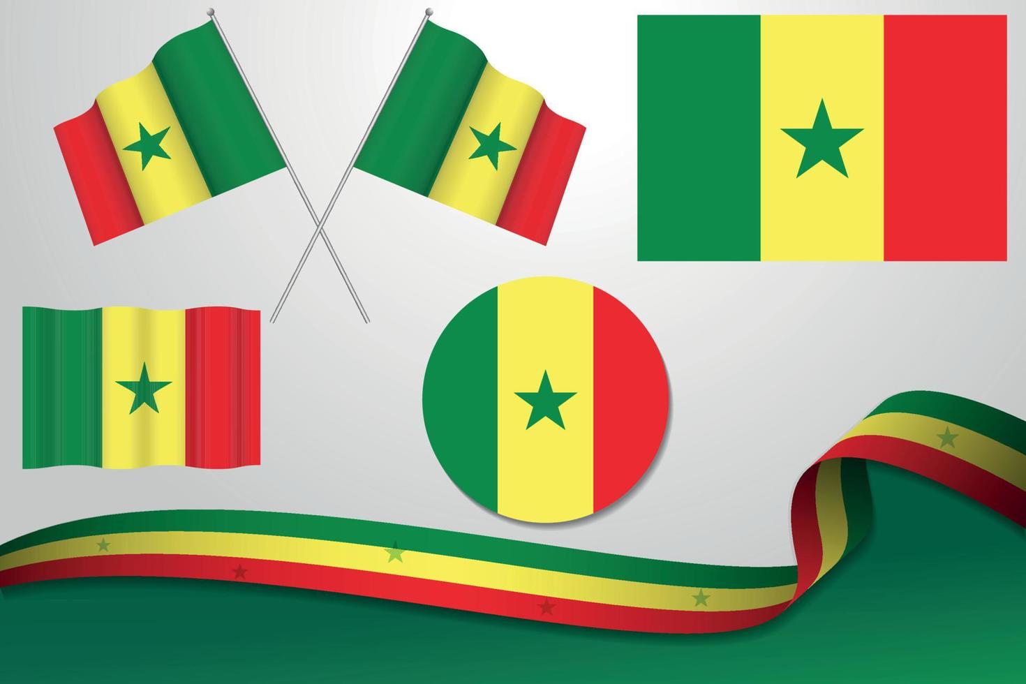 conjunto de banderas de senegal en diferentes diseños, icono, banderas desolladas con cinta con fondo. vector libre