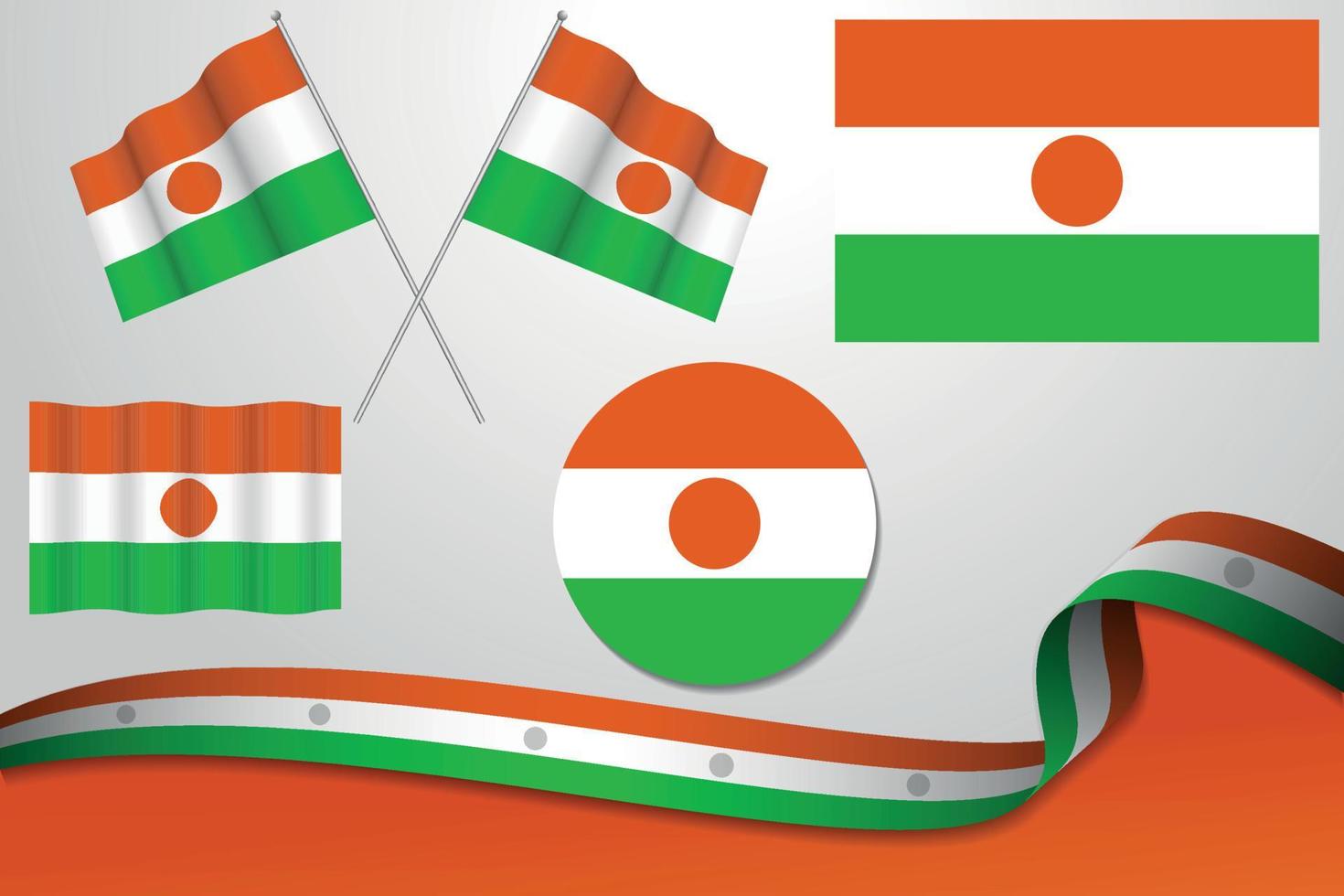 conjunto de banderas de níger en diferentes diseños, icono, banderas desolladas con cinta con fondo. vector libre