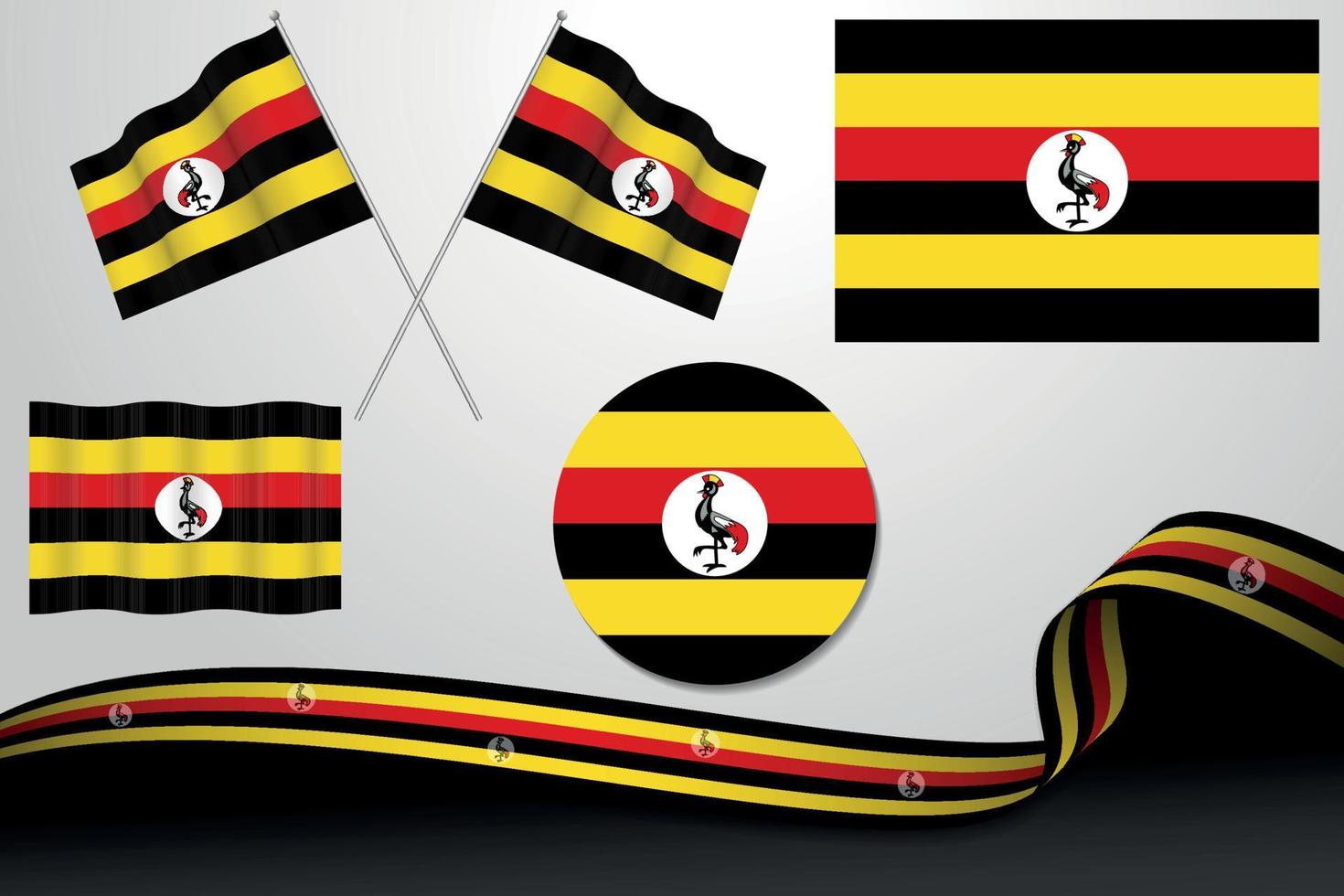 conjunto de banderas de uganda en diferentes diseños, icono, banderas desolladas con cinta con fondo. vector libre