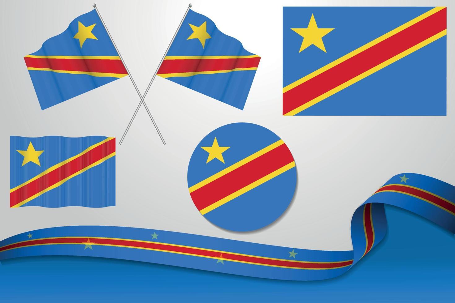 conjunto de banderas de la república democrática del congo en diferentes diseños, icono, banderas desolladas con cinta con fondo. vector libre