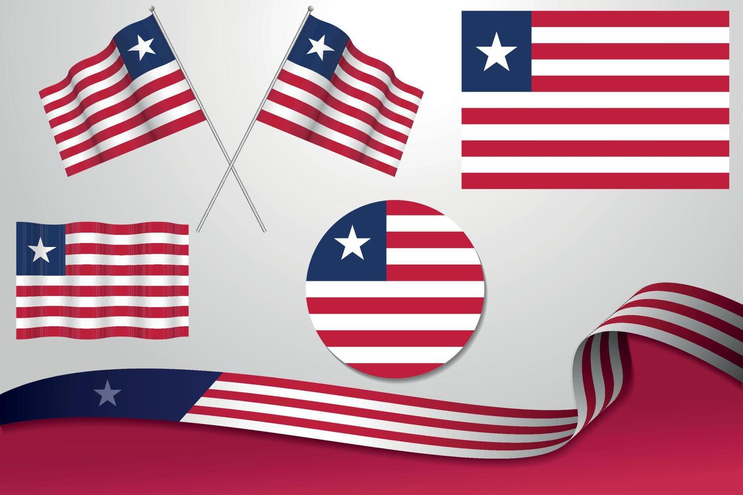 Set Of Liberia Flags In Different Designs, Icon, Flaying Flags With ribbon With Background. Free Vector