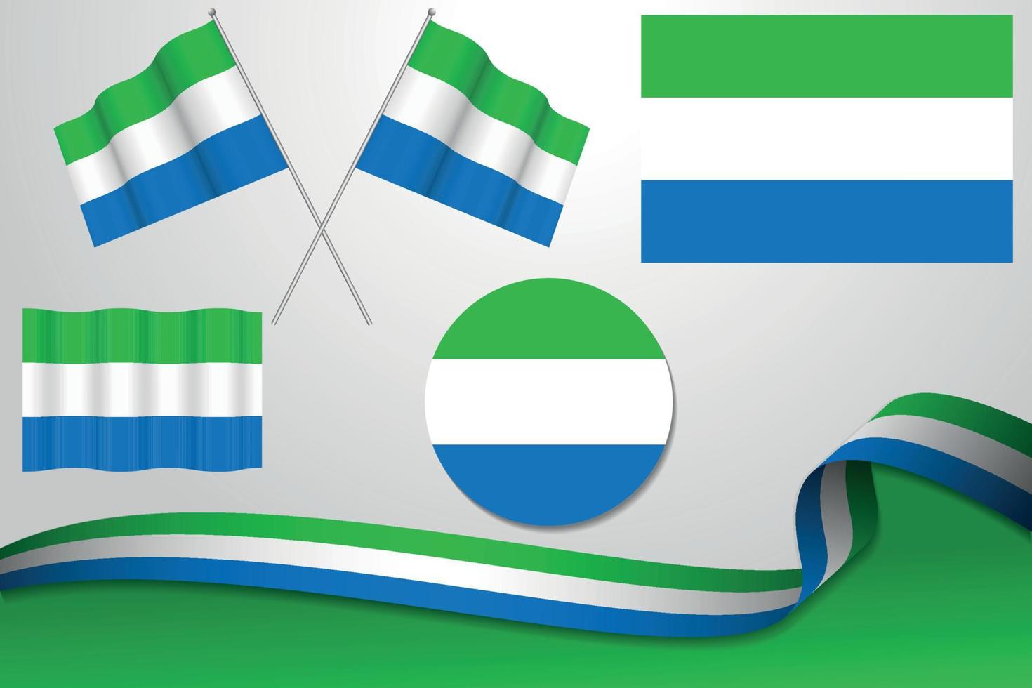 Set Of Sierra Leone Flags In Different Designs, Icon, Flaying Flags With ribbon With Background. Free Vector