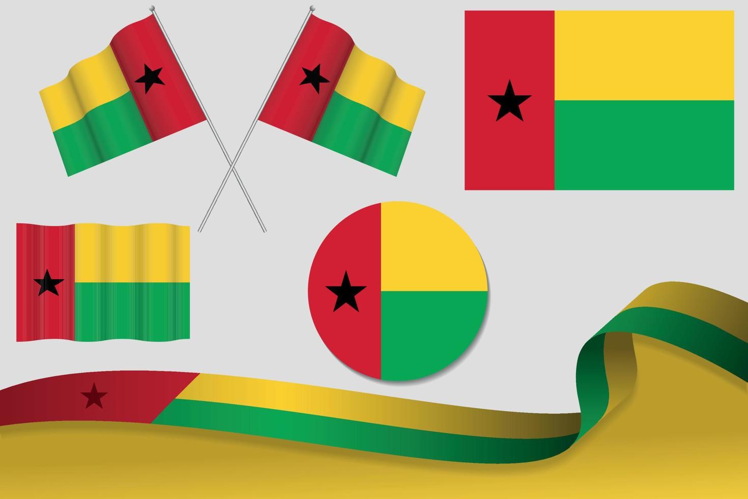 conjunto de banderas de guinea-bissau en diferentes diseños, icono, banderas desolladas con cinta con fondo. vector libre