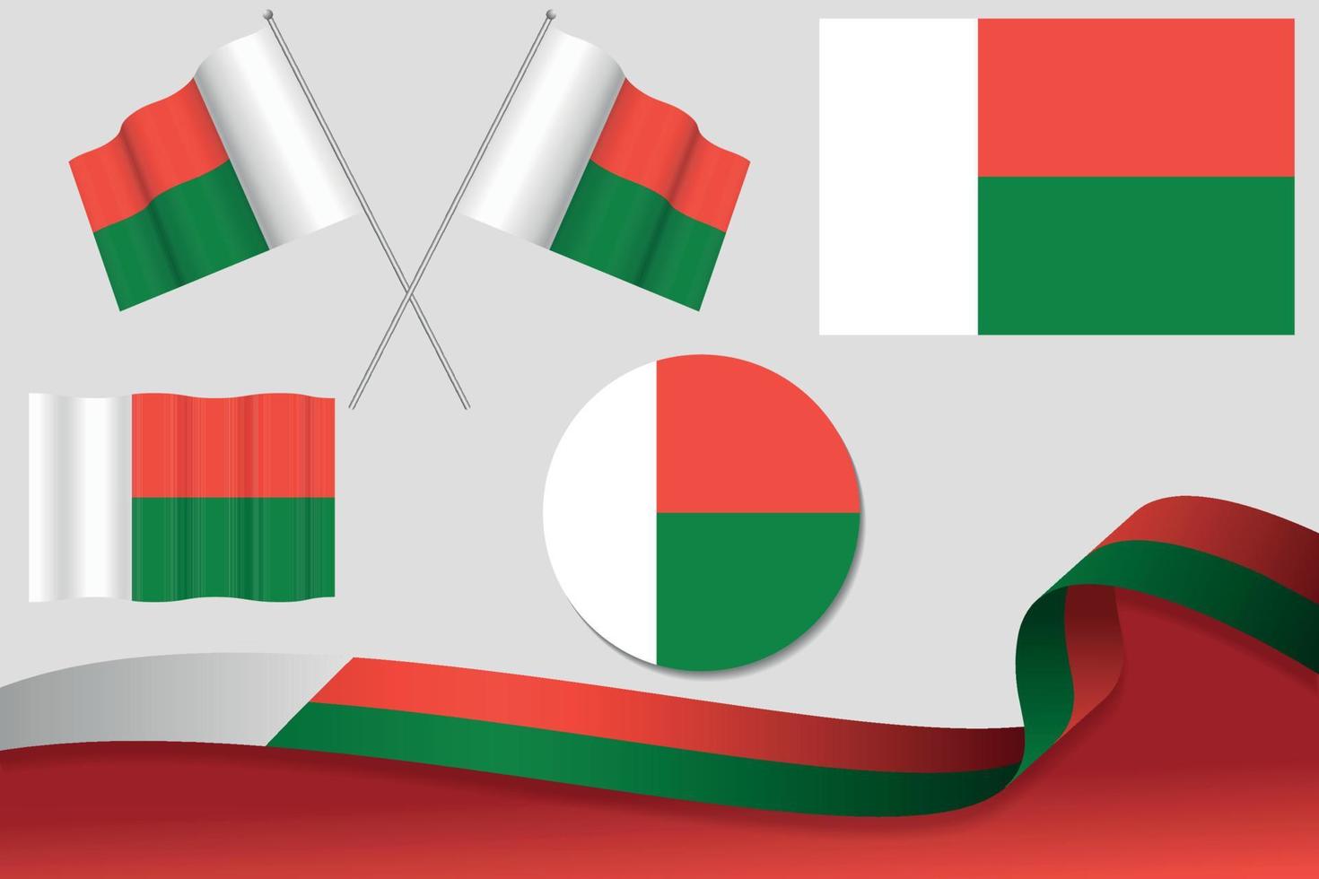 Set Of Madagascar Flags In Different Designs, Icon, Flaying Flags With ribbon With Background. Free Vector