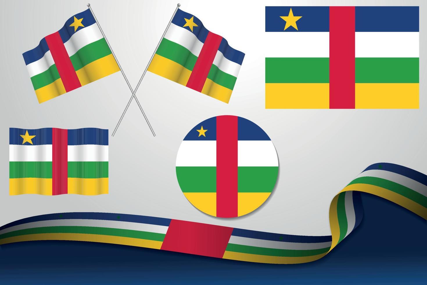 Set Of Central African Republic Flags In Different Designs, Icon, Flaying Flags With ribbon With Background. Free Vector