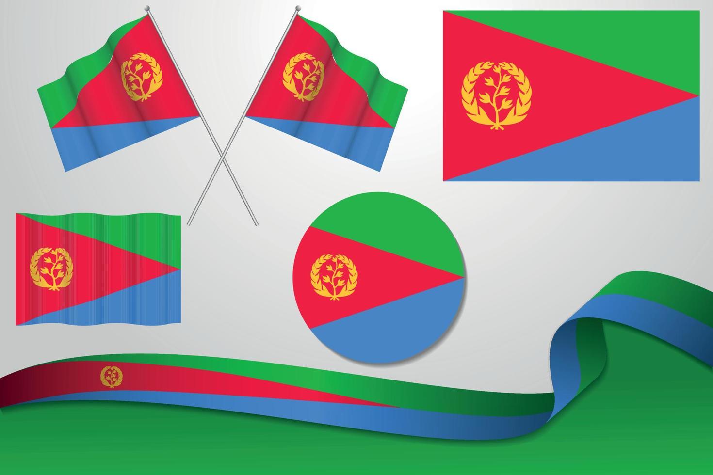 conjunto de banderas de eritrea en diferentes diseños, icono, banderas desolladas con cinta con fondo. vector libre