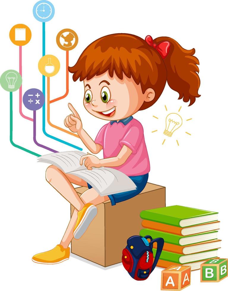 una niña leyendo libros sobre fondo blanco vector