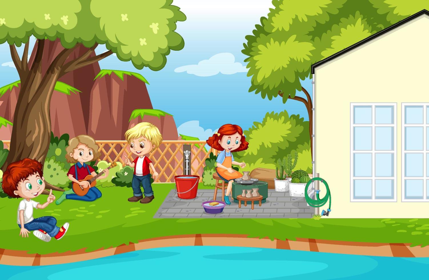 Scene of backyard with kids and fence vector