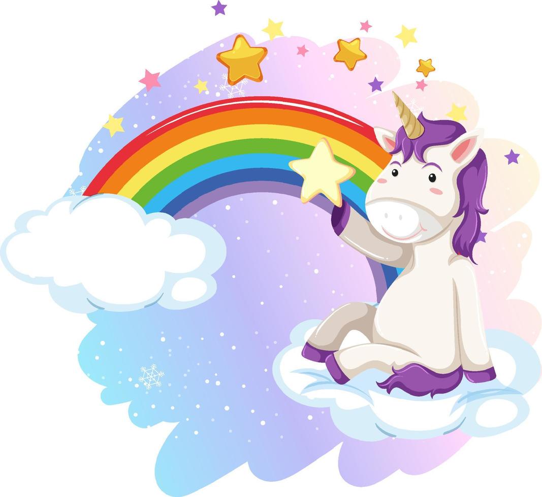 lindo unicornio sentado en una nube con arco iris vector