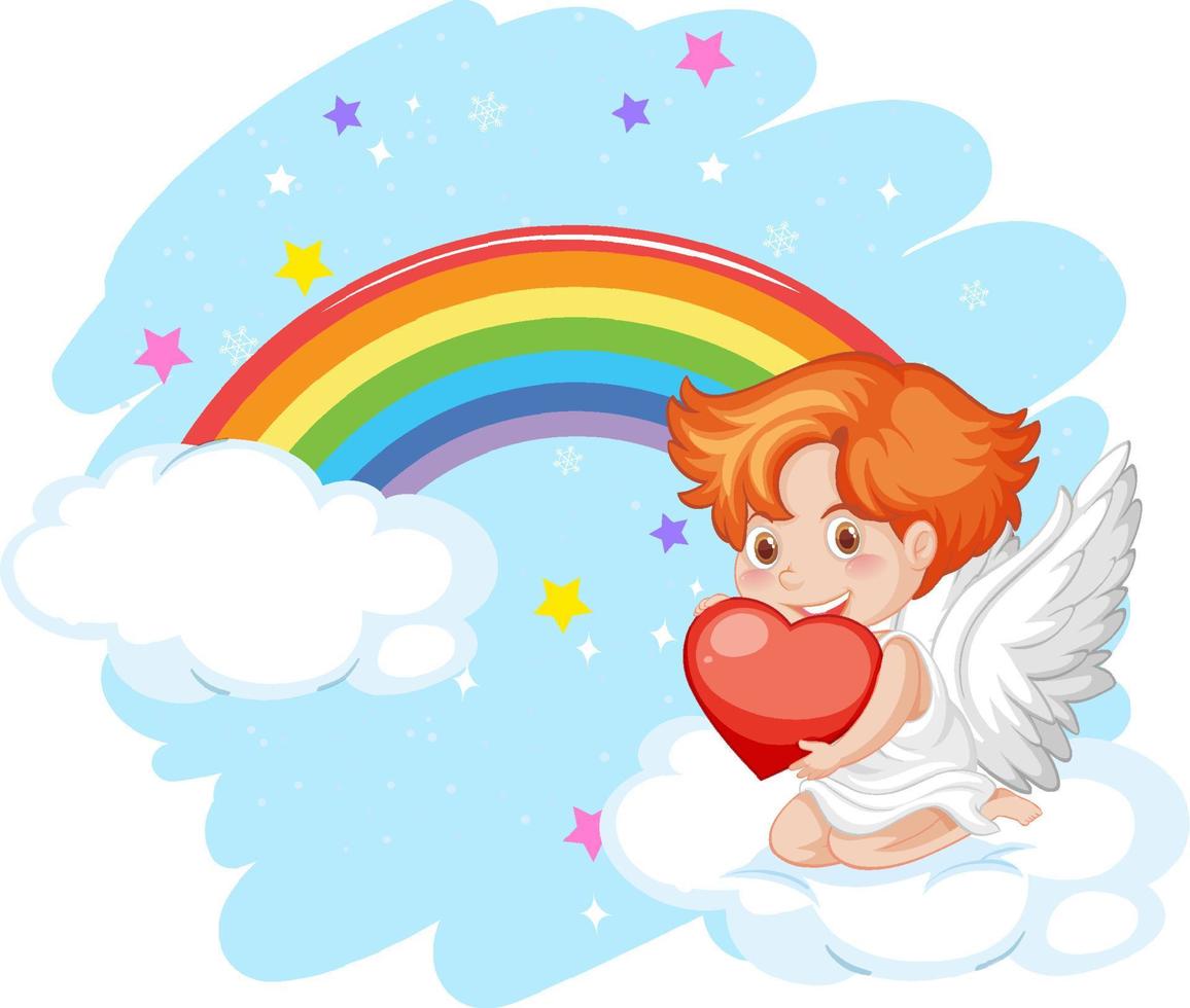 niño ángel sosteniendo un corazón y sentado en la nube con arco iris vector