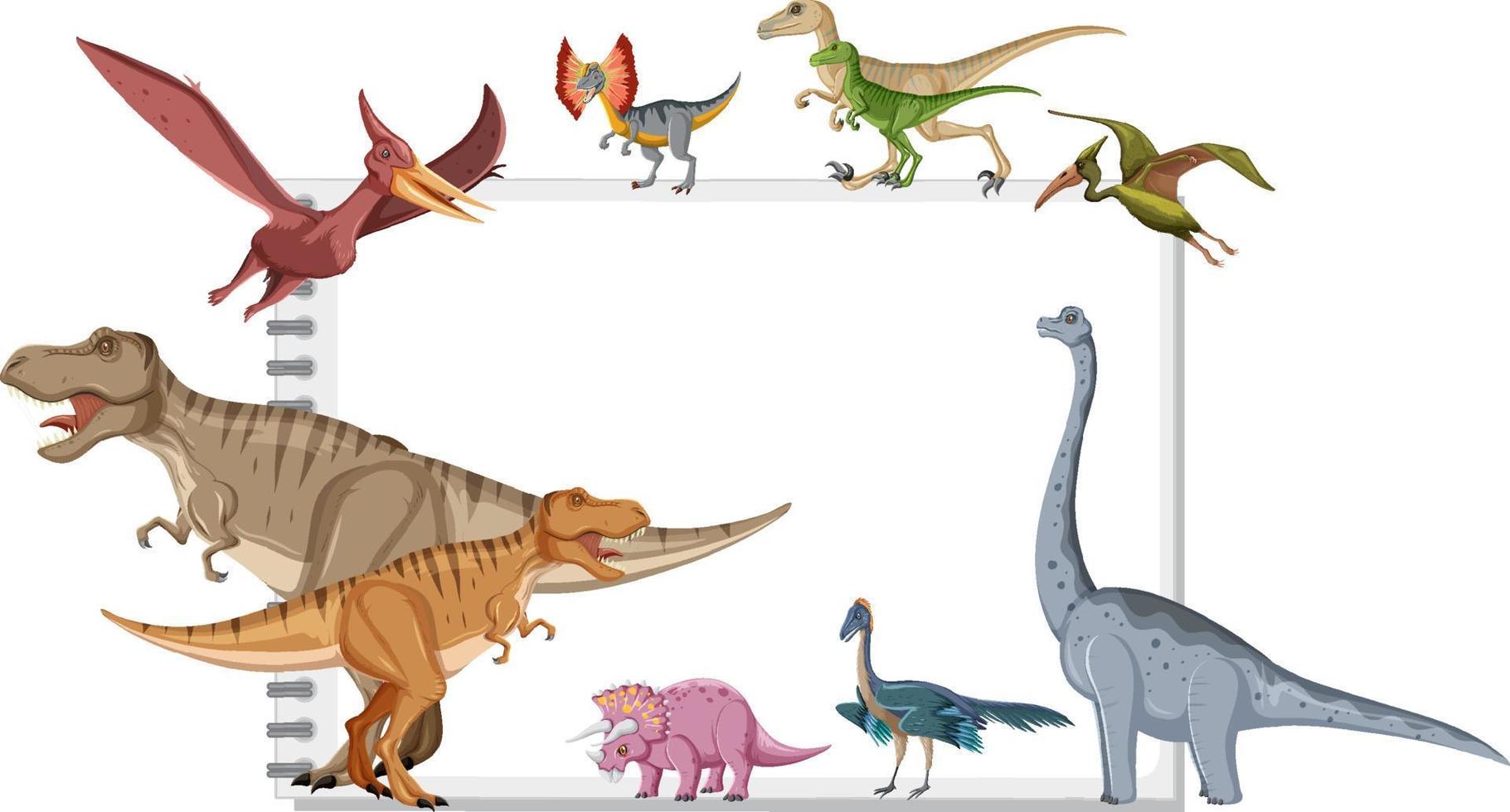 Group of dinosaurs around note on white background vector