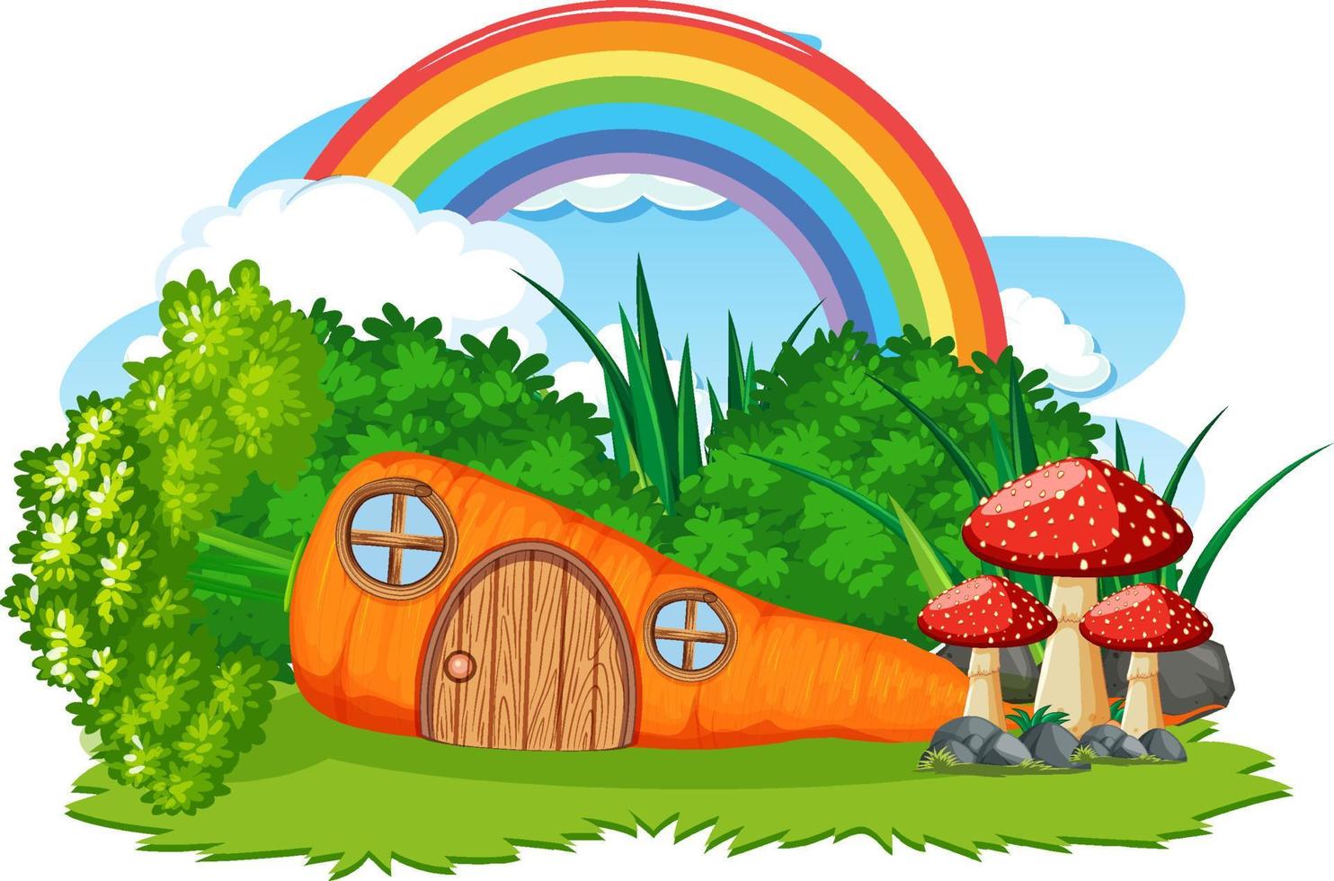 casa de zanahoria de fantasía con arco iris en el cielo vector