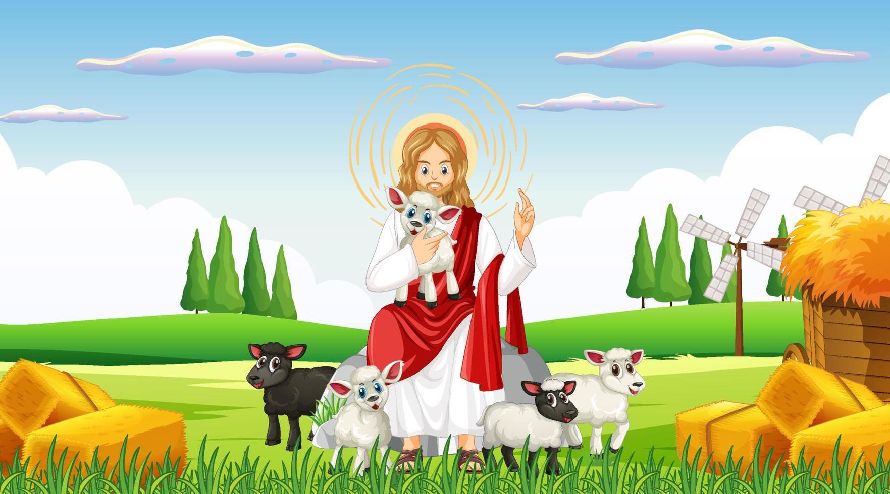 Jesús y los animales en la escena de la granja. vector