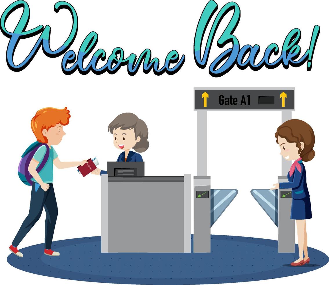 Welcome Back typography design with passenger and service staffs vector