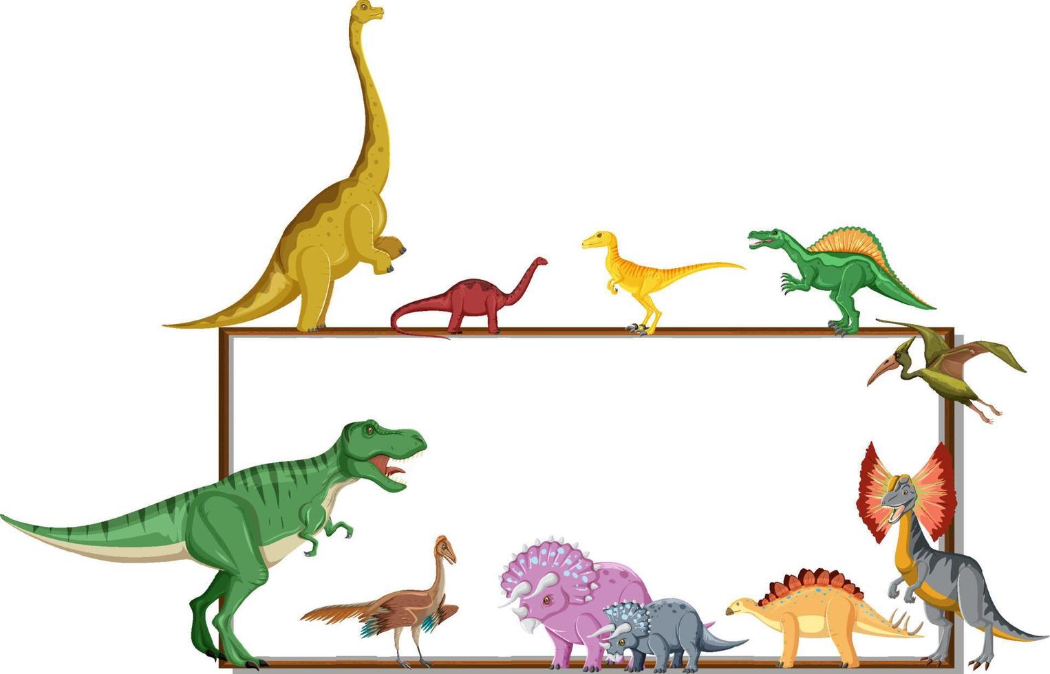 Group of dinosaurs around board on white background vector